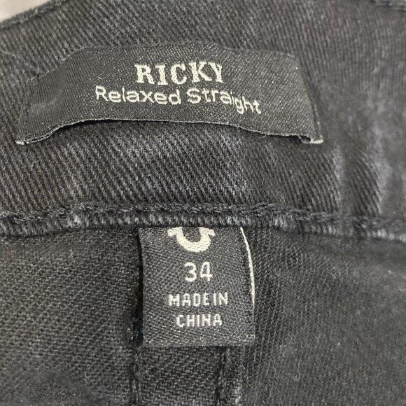 True Religion Ricky Jeans Mens 34 Black Denim Relaxed Straight Buddha Patch Logo - Picture 6 of 7